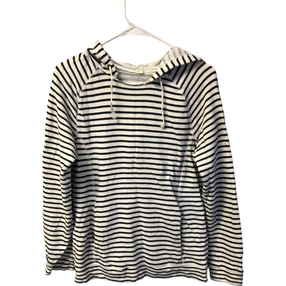J.Crew Womens M Black White Sweatshirt Drawstring Hoodie Pullover Striped - Picture 1 of 9